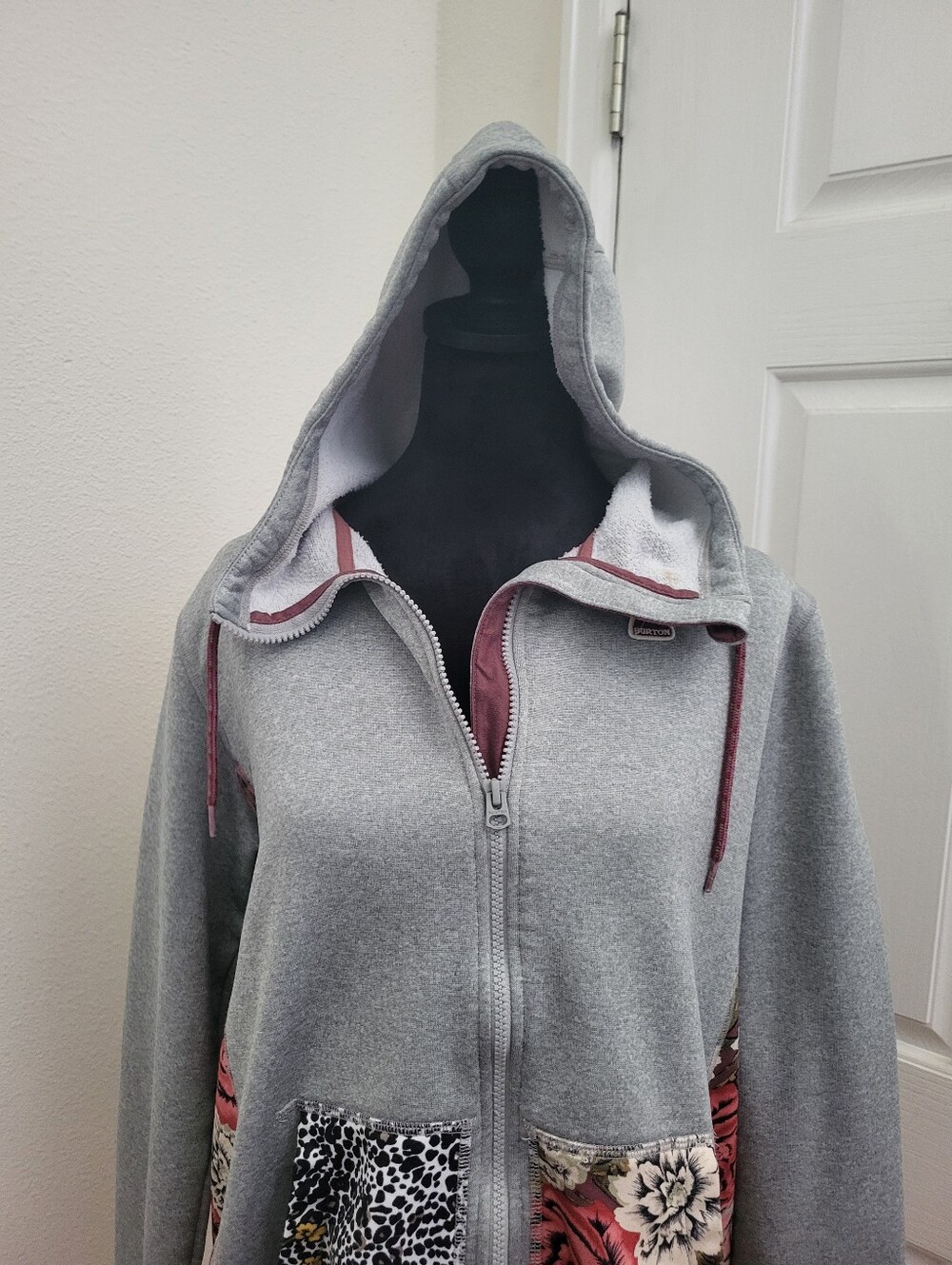 Burton Gray Zip Hoodie with Pink Floral & Leopard Patch Pockets - Picture 6 of 8